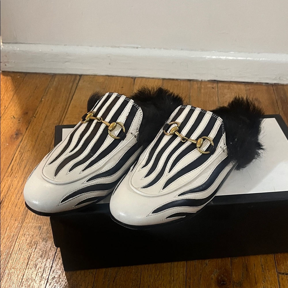 Gucci Black and White Striped Fur Mules